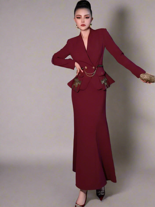 V-Neck Long sleeve Double Button Beading Sets