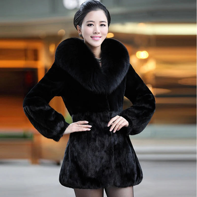 Real Rabbit Long Fur Coats Fox Fur Collar