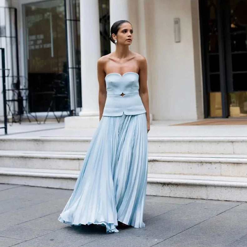 Pleated Strapless Sleeveless Maxi Dress