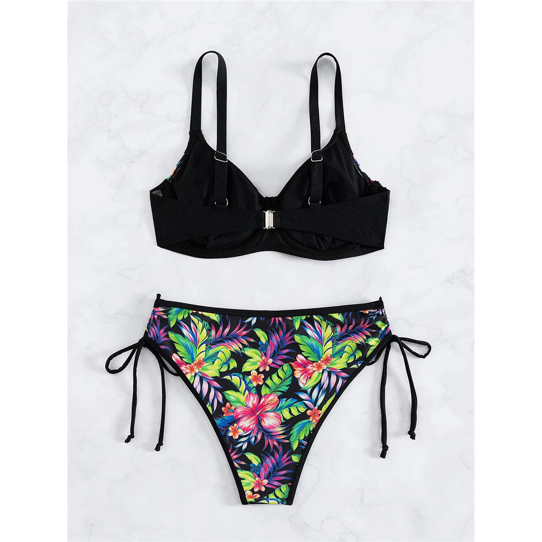 Black Flower Print Bikini Sets