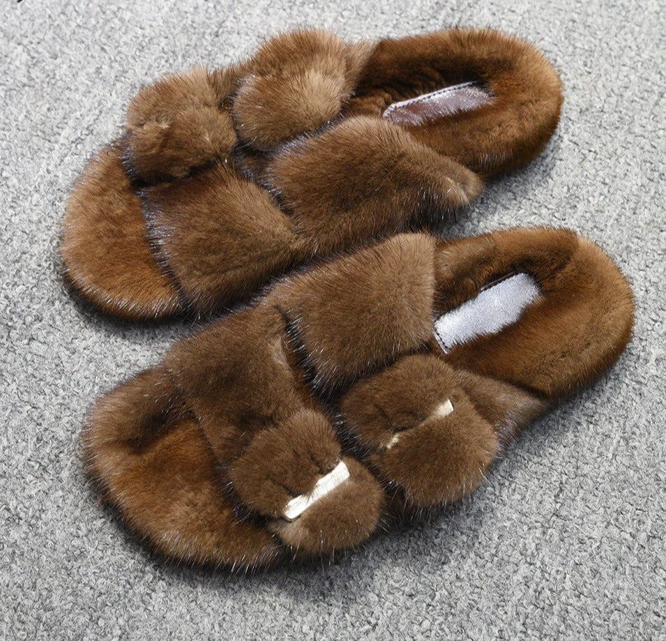 Real Mink Fur Slides Outdoor Flip Flops, Slippers