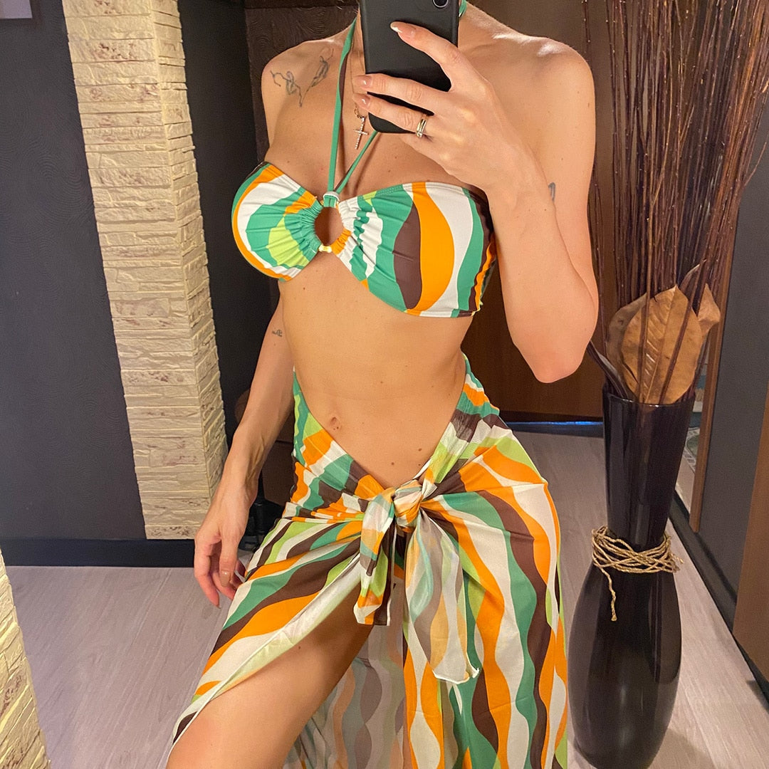 Halter Print High Cut Bikini Set & Long Skirt