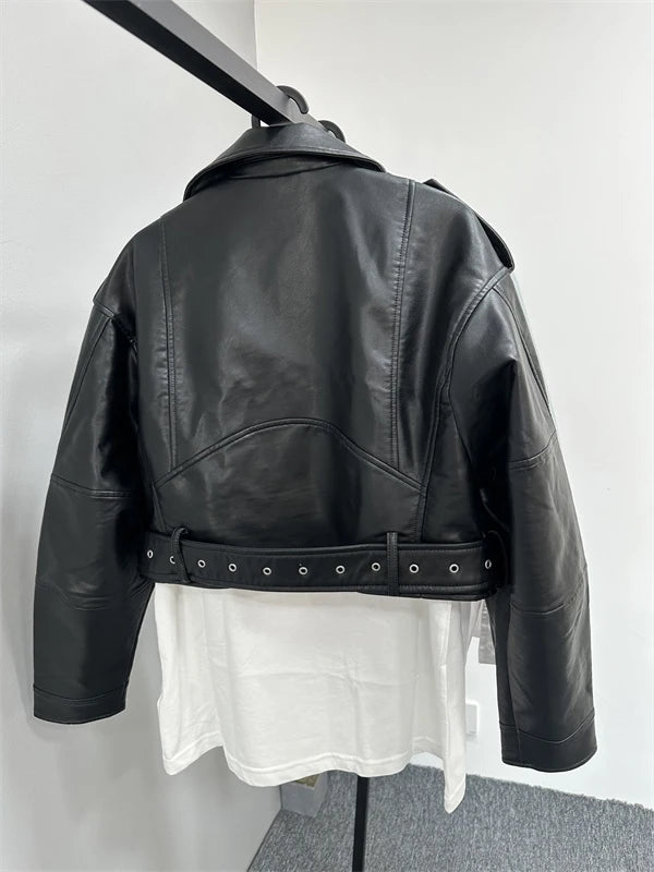 Short Moto PU Leather Jackets with Belt