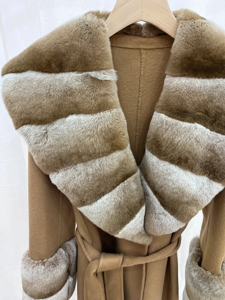 Long Cashmere Wool Coats Real Fur Collar & Cuffs
