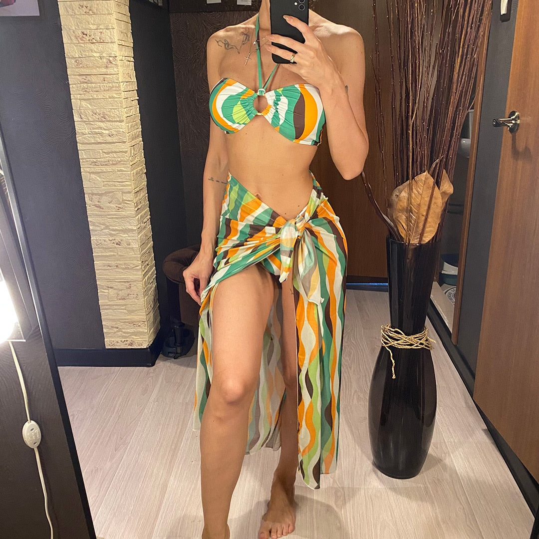 Halter Print High Cut Bikini Set & Long Skirt