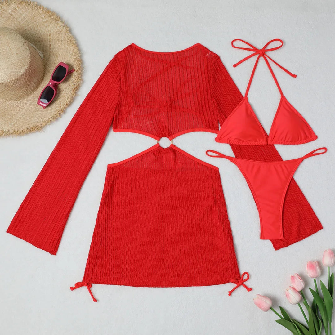 Knitted Sleeved Cover Up & Halter Bikini Sets