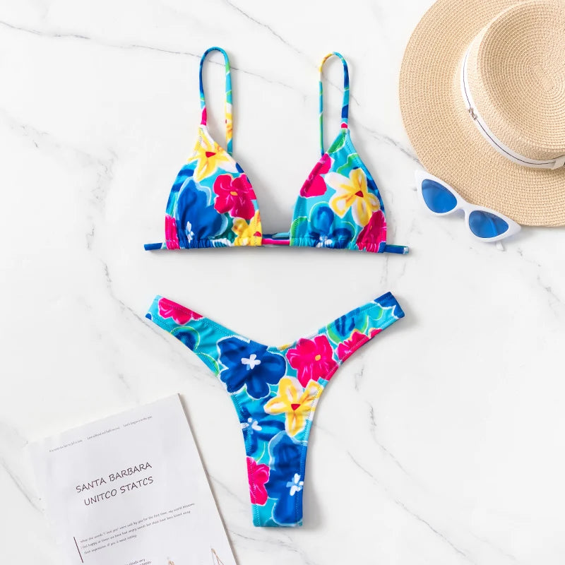Floral Print Push Up Thong Micro Bikini Sets
