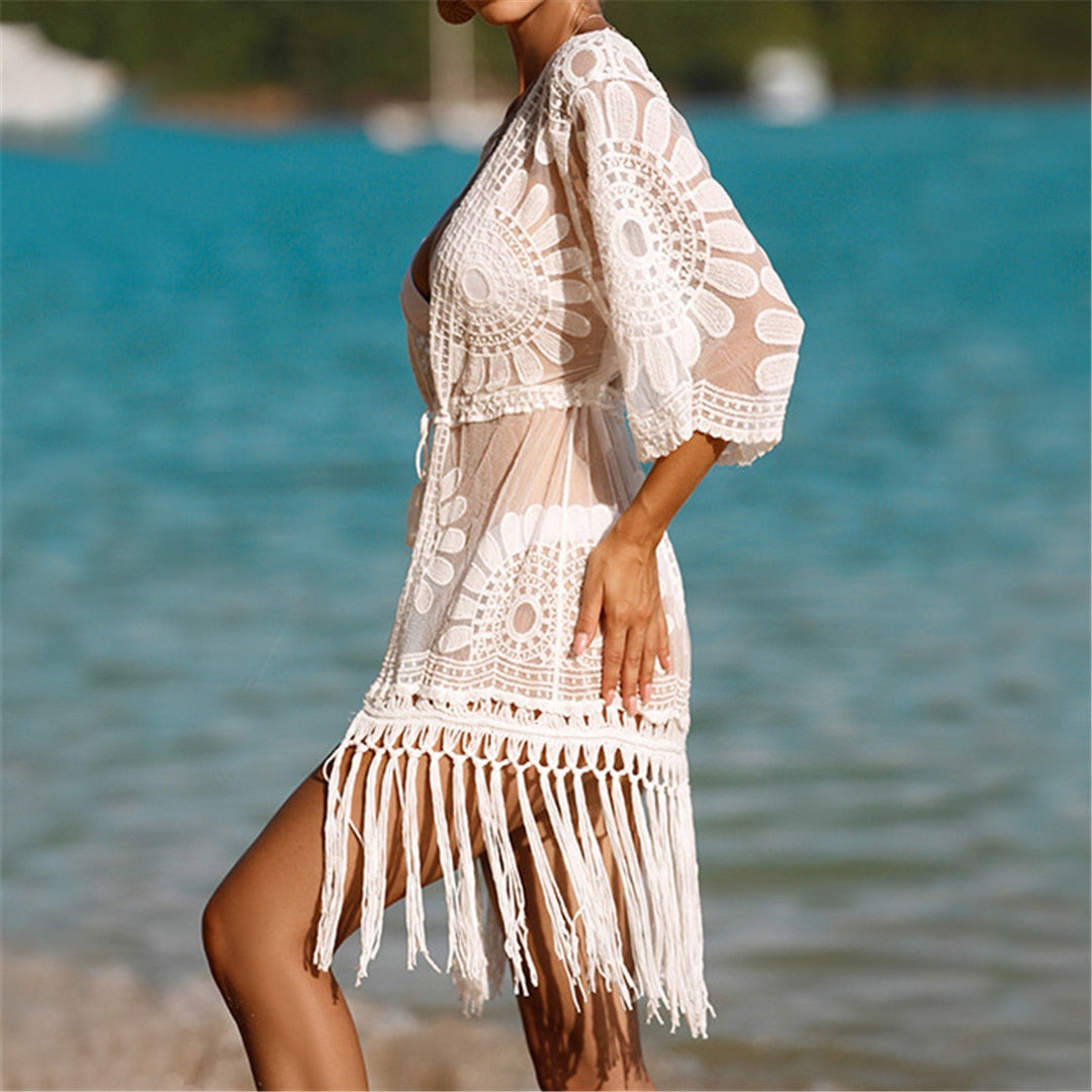 Sunflower Tassel Crochet Knitted Tunic Beach Cover Up