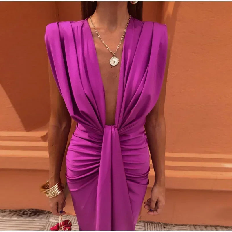 Deep V Sleeveless Pleated Long Dresses