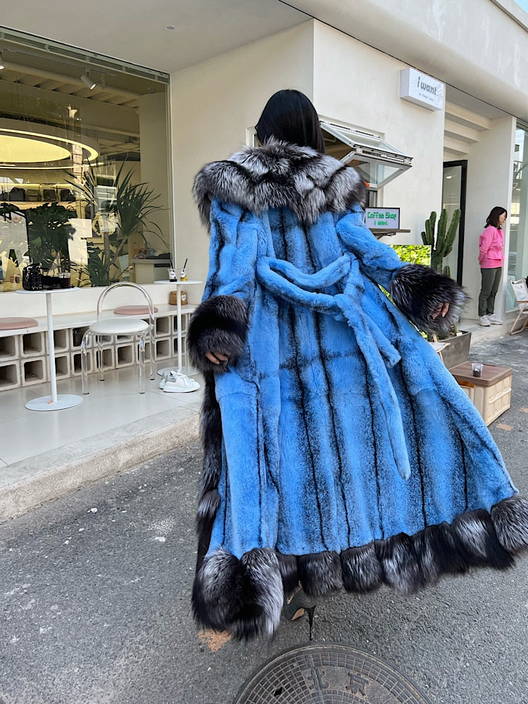 Luxury Real Rabbit Fur X-Long Coats Real Fur Lapel Collar