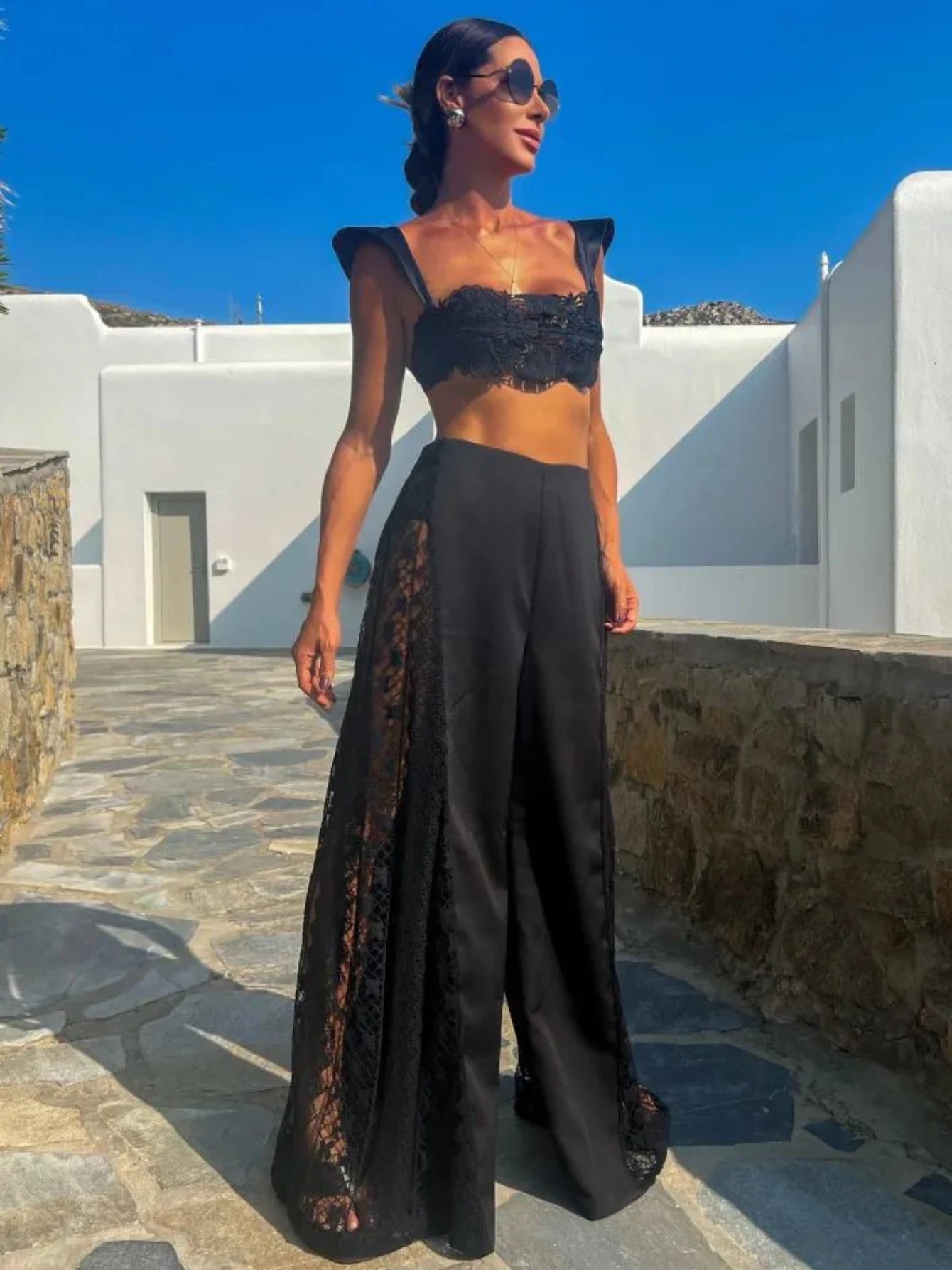 Lace Bikini & Hollow Side Wide Leg Pants