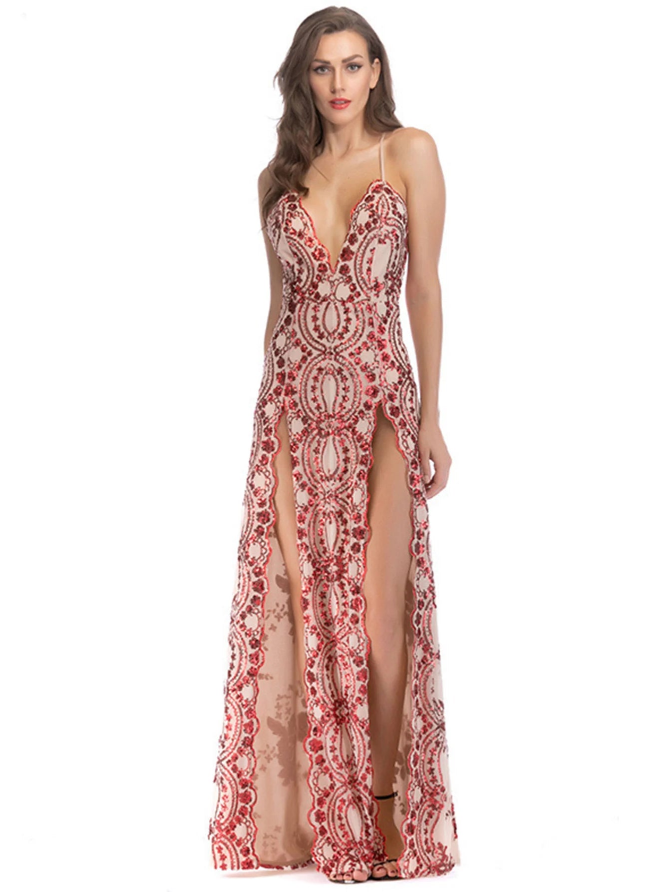 Spaghetti Strap Sequin Side Slit Maxi Dresses