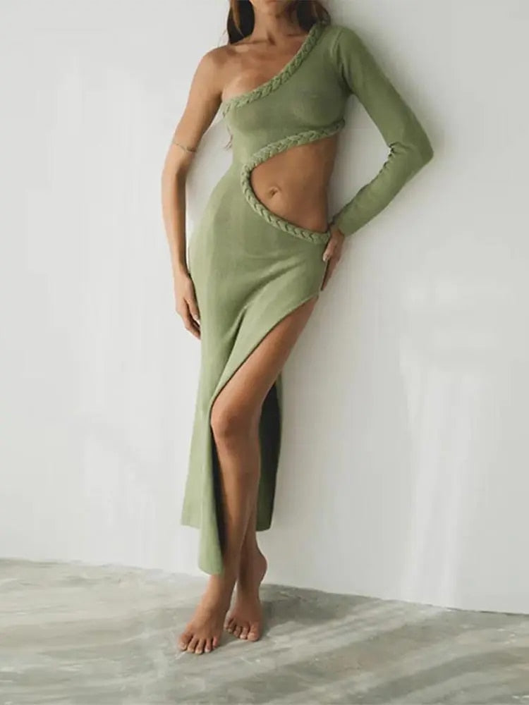 One Shoulder Sleeve Hollow Side Maxi Dress
