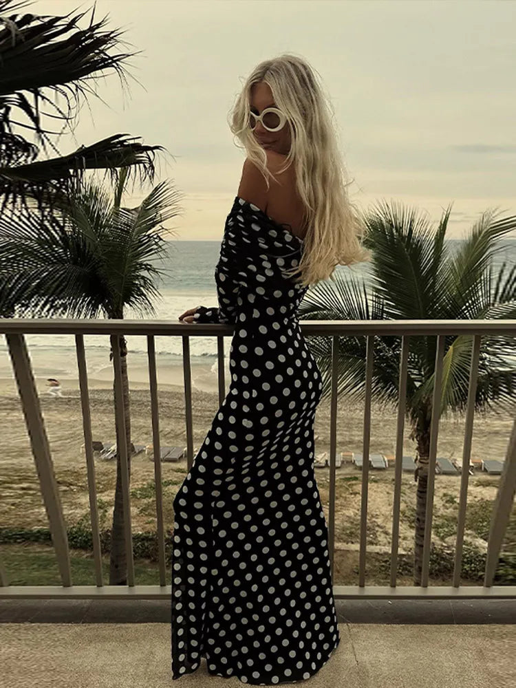 Polka Dot Off Shoulder Mesh Sleeve Long Dress