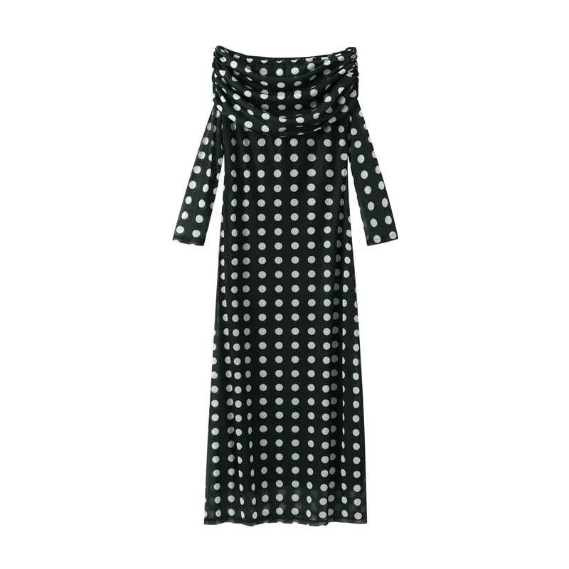 Polka Dot Off Shoulder Mesh Sleeve Long Dress