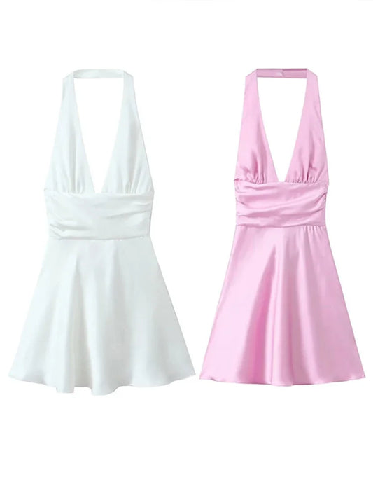 Satin Halter V Backless Bow Tie Mini Dresses