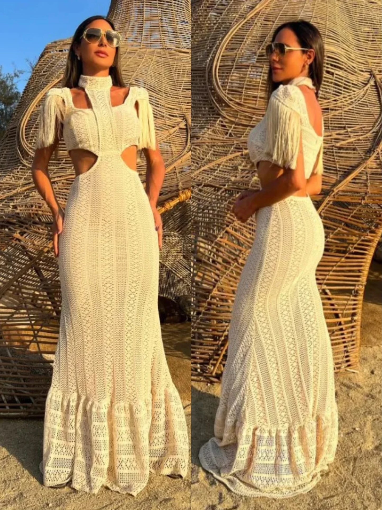 Knitted Turtleneck Tassel Hollow Mini/Long Dresses