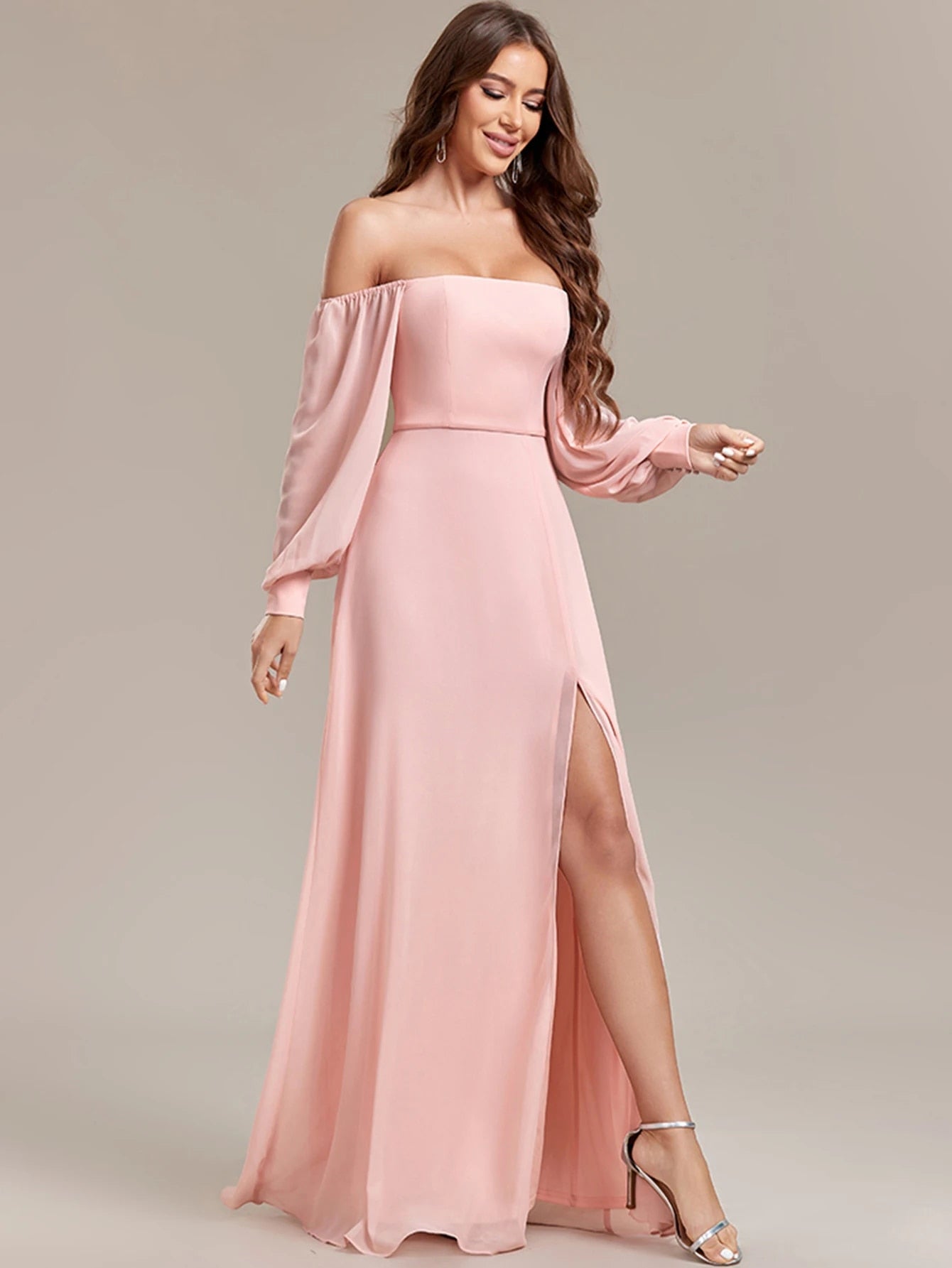 Pink Off Shoulder Chiffon Long Dress