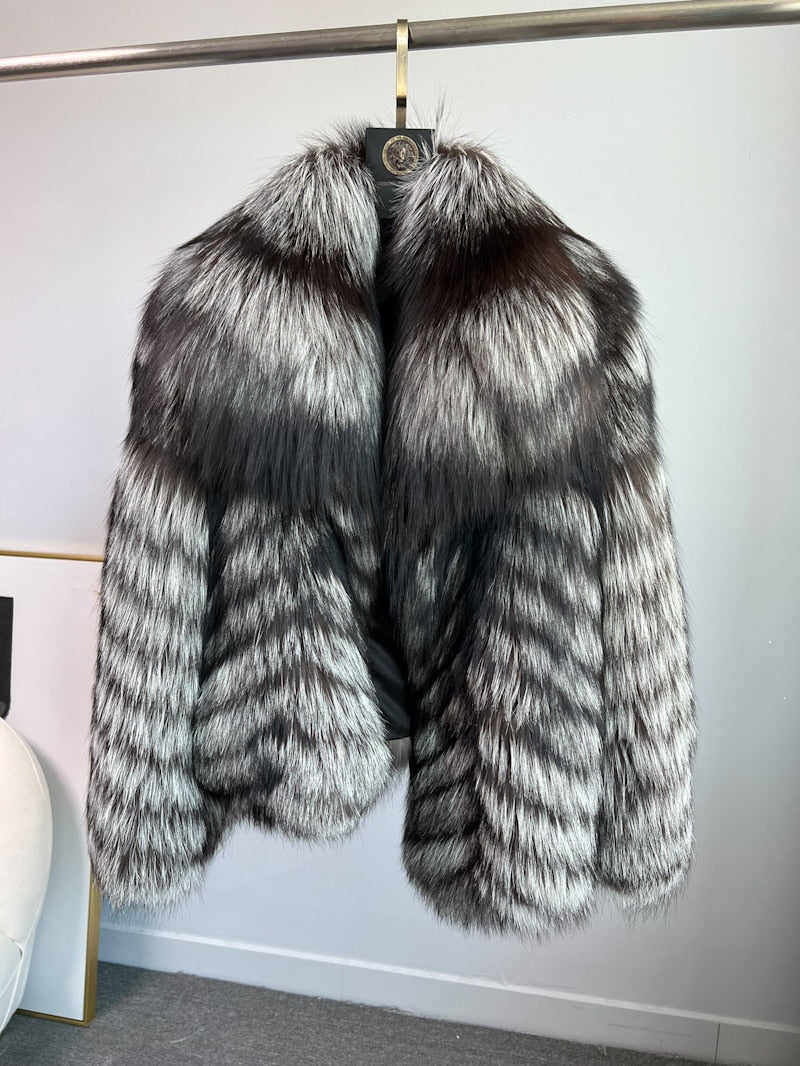 Dark Silver Big Collar Real Fur Coat