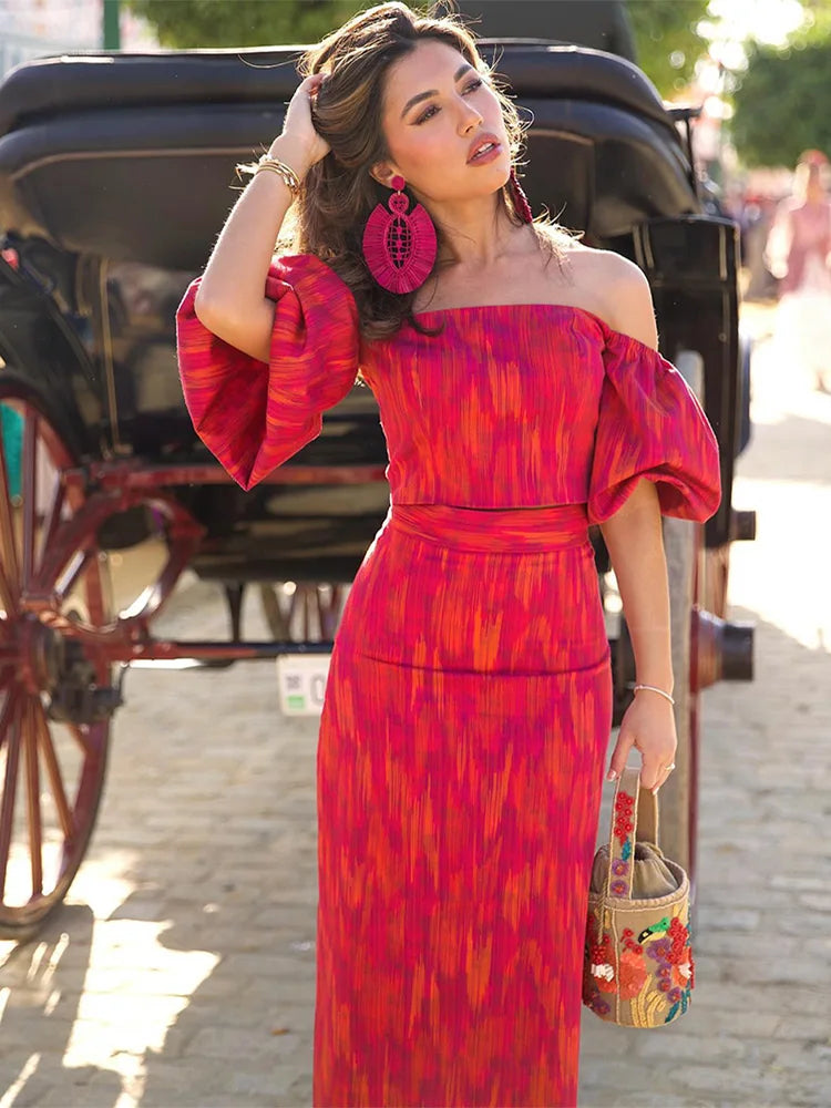 Off Shoulder Puff Short Sleeved Long Dress