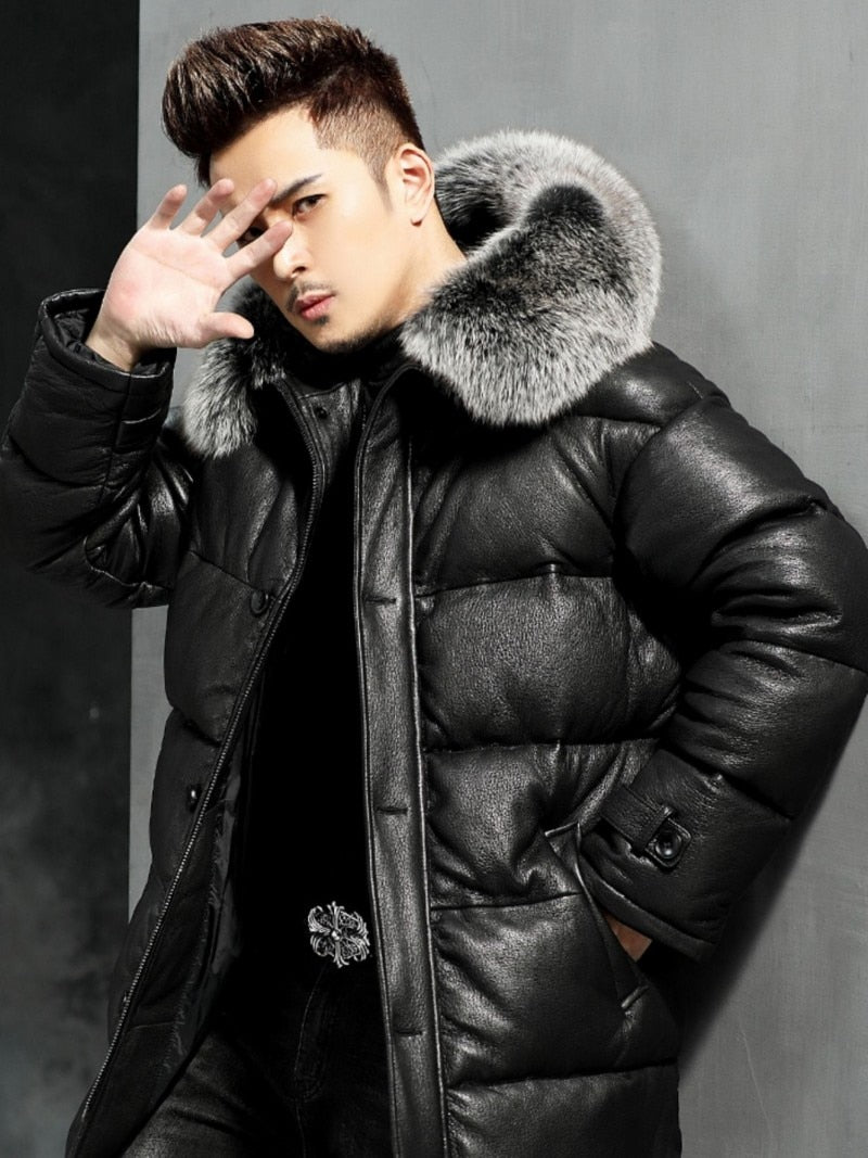 Bubble Genuine Leather Duck Down Real Fur Hooded Coat