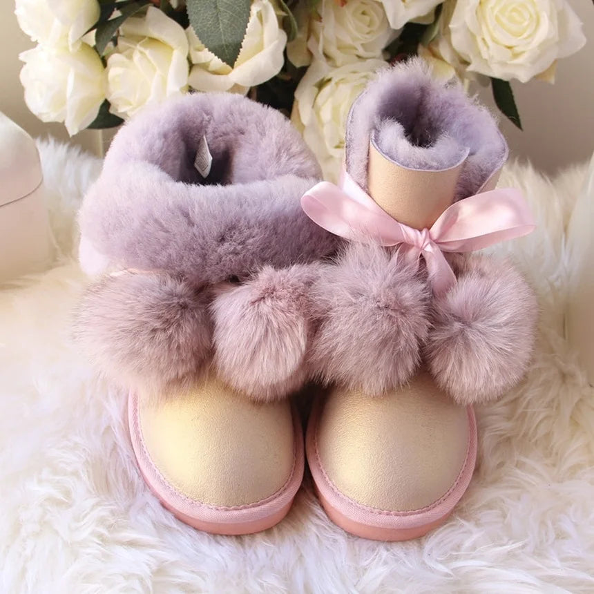 Waterproof Genuine Fur Ball Wool Snow Boots