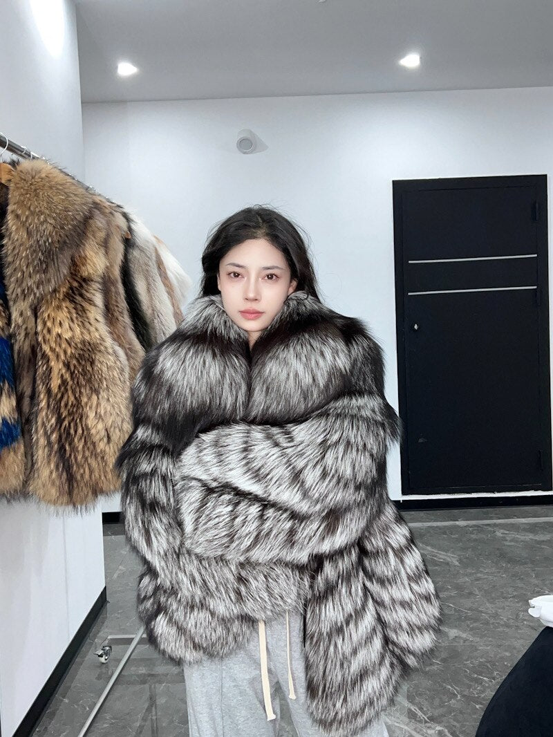 Dark Silver Big Collar Real Fur Coat