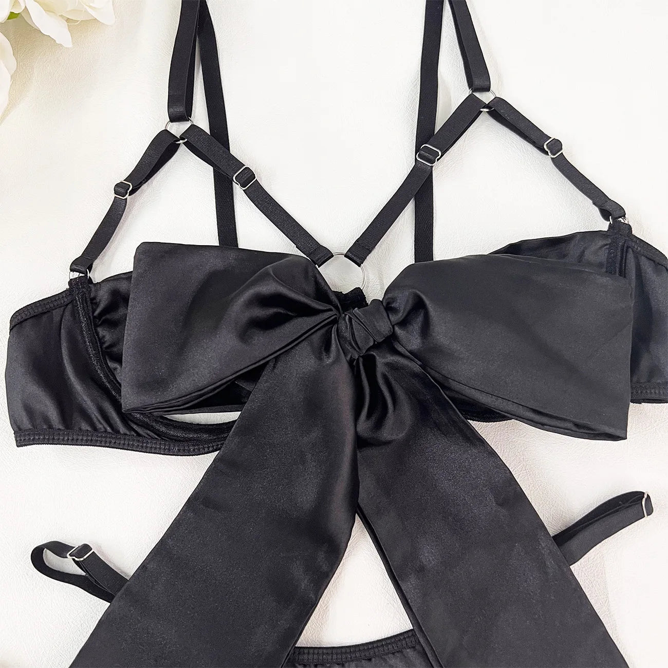 Satin Bowknot Open Bra 3-Piece Lingerie Sets