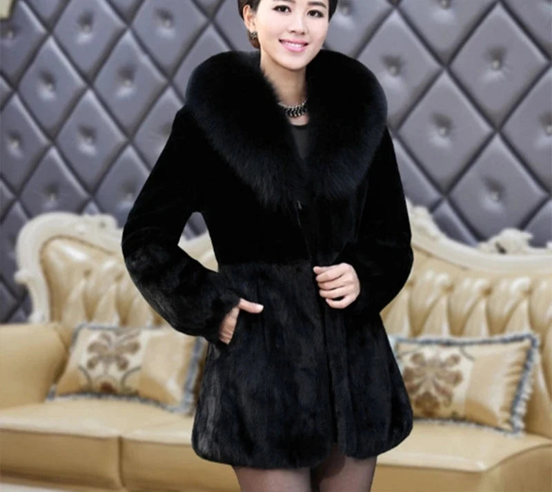 Real Rabbit Long Fur Coats Fox Fur Collar