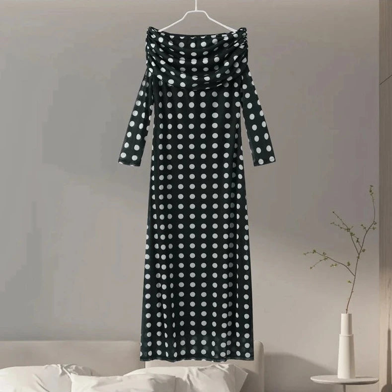 Polka Dot Off Shoulder Mesh Sleeve Long Dress