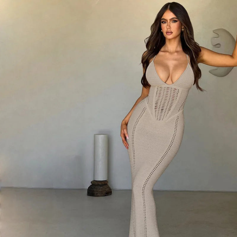 Hollow Backless Sleeveless Knit Long Dresses