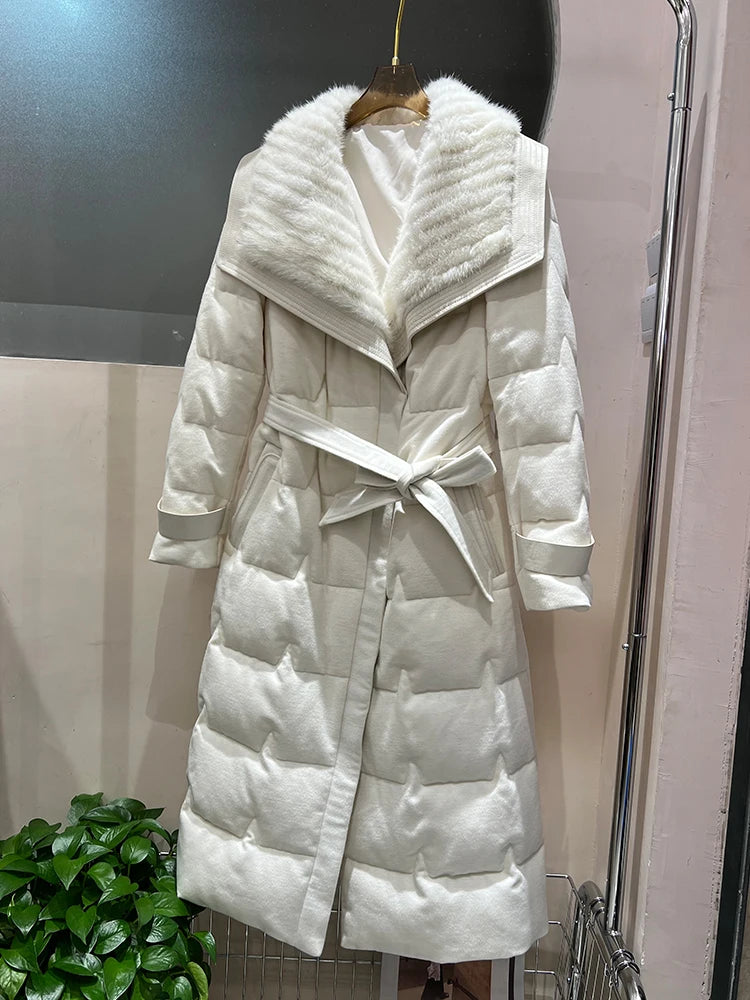 White Goose Down Puffer Coats Real Mink Fur Collar