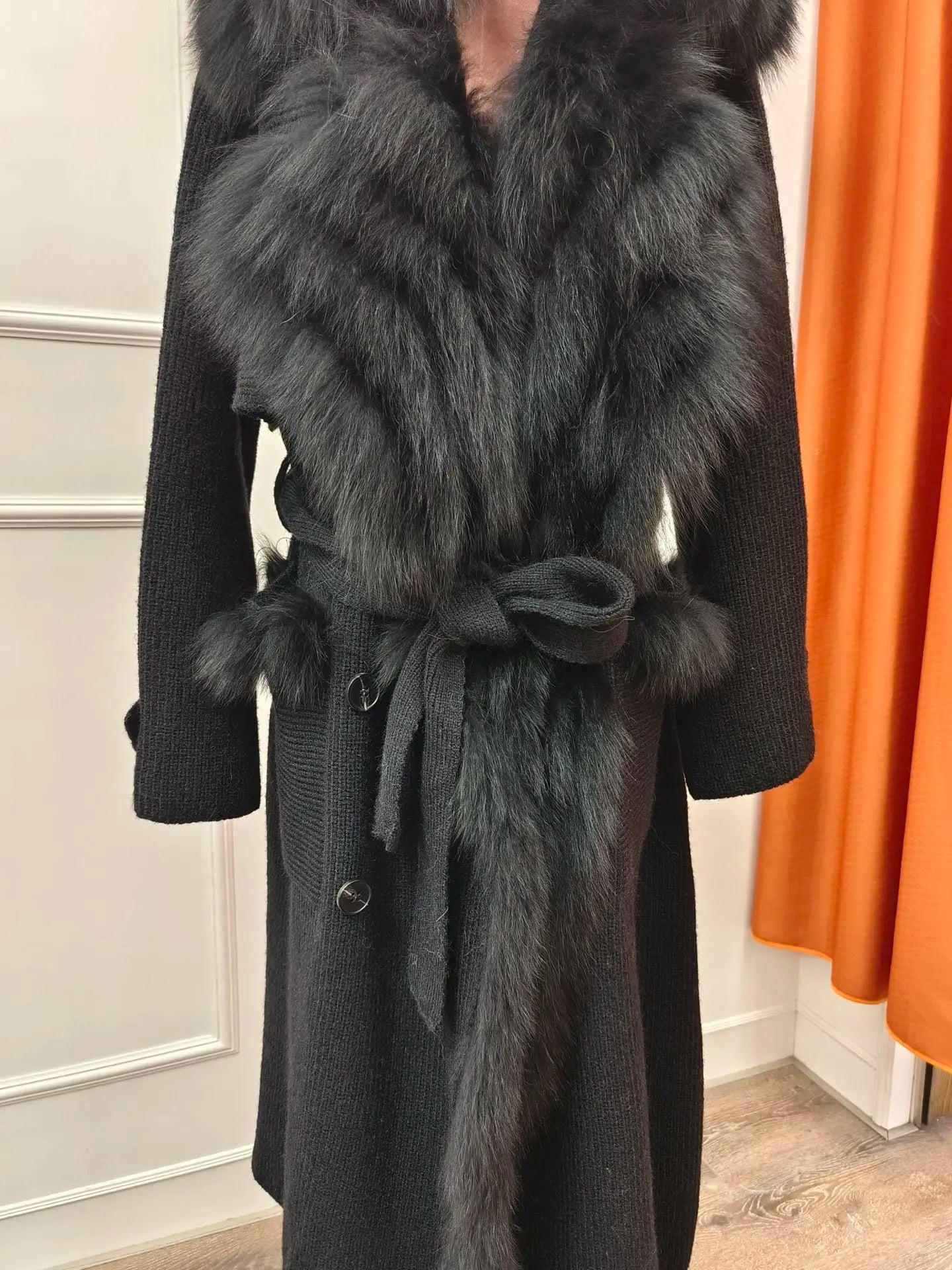 Real Fur Knitted Collar Long Wool Coats