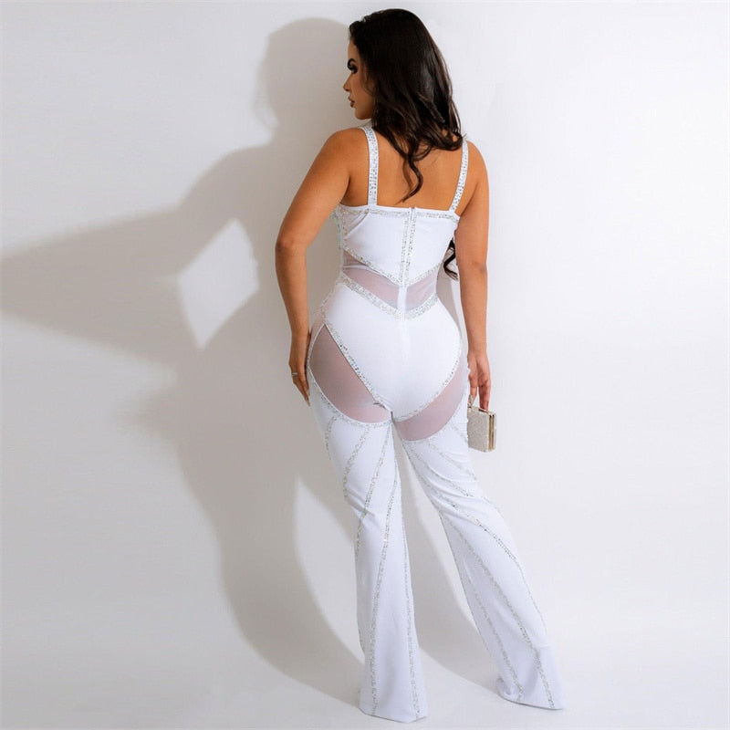 Diamonds Mesh Backless Flare Pants Jumpsuits