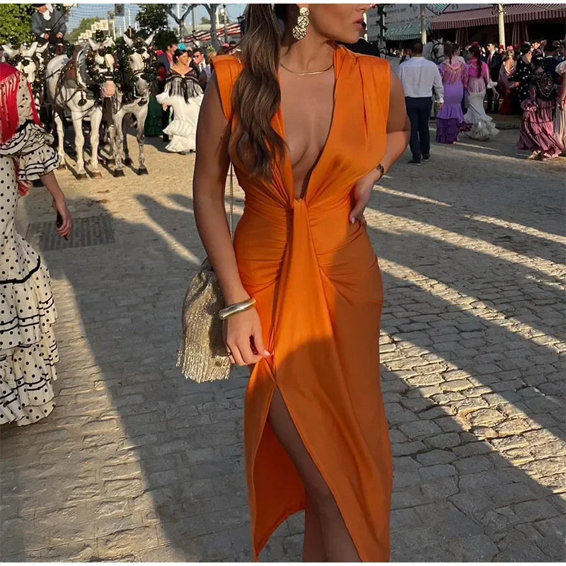 Deep V Sleeveless Pleated Long Dresses