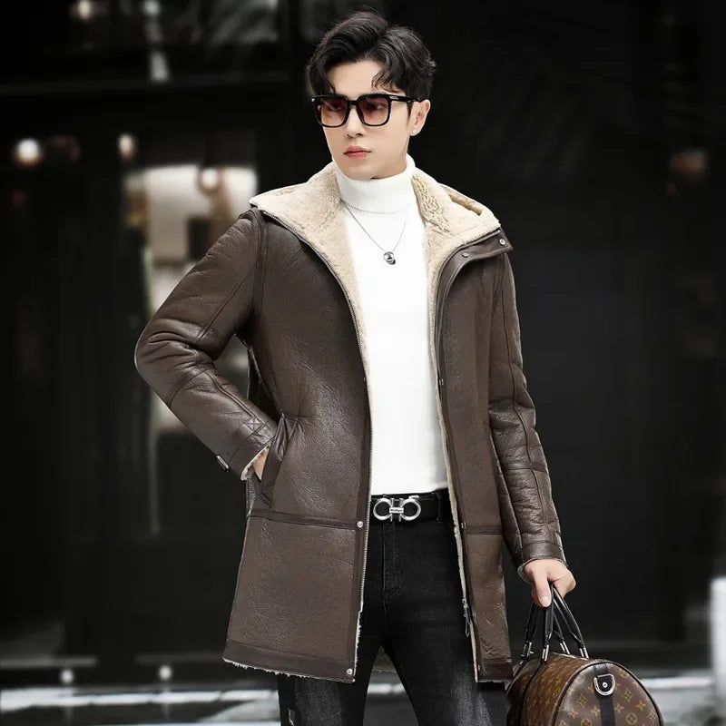 Genuine Leather Mid-length Coats Wool Liner Hooded