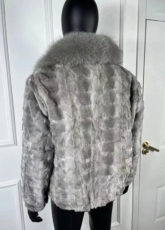 Real Mink Fur Coat Bomber Fox Fur Collar