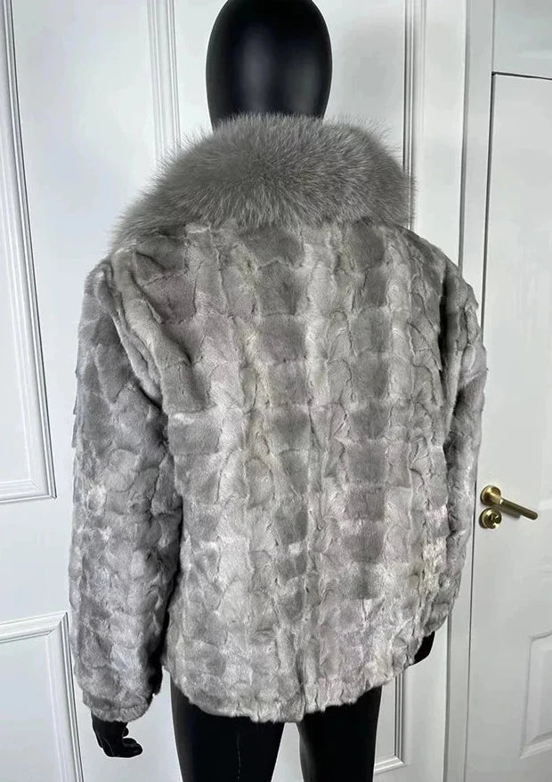 Real Mink Fur Coat Bomber Fox Fur Collar