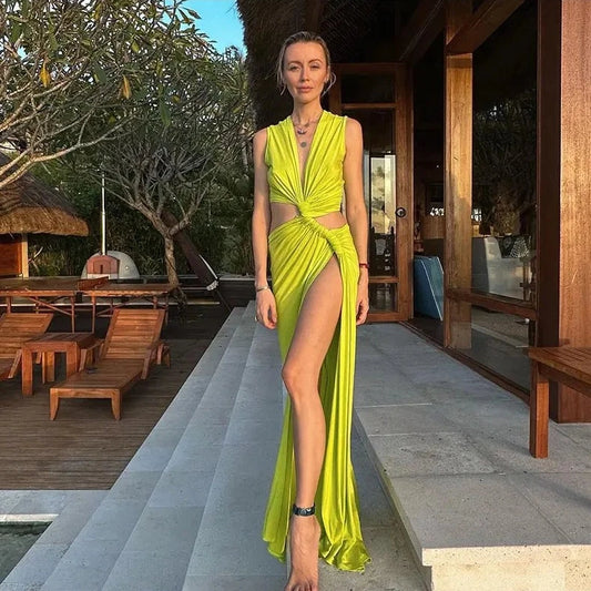 Open V Hollow Hips Sleeveless High Split Dress