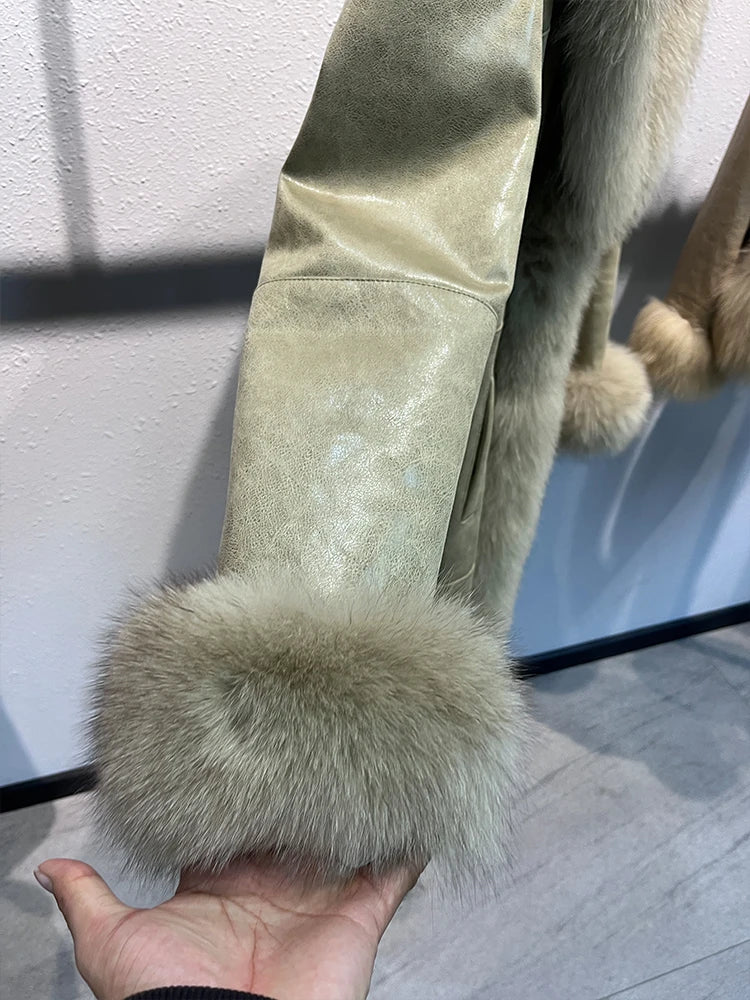 Genuine Leather Long Coats Real Fur Liner Collar Cuffs