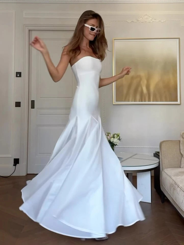 Ruched Strapless Pleated Maxi Dresses