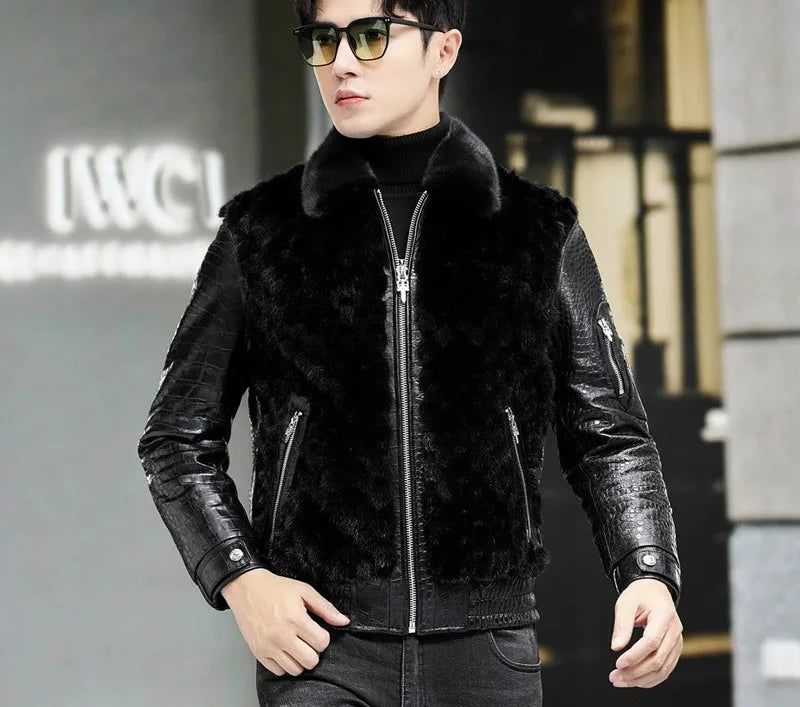 Reptile Genuine Leather Goose Down Coats Real Mink Fur