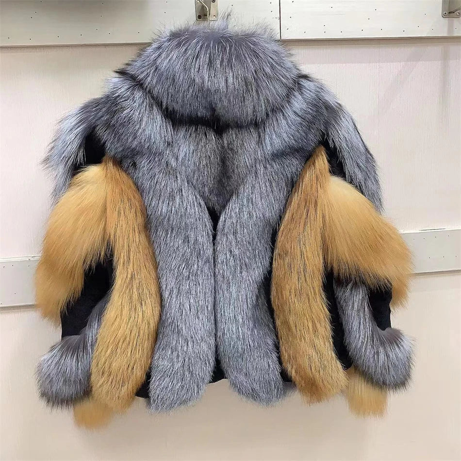 Dual Color Pattern Real Fur Coats Unisex