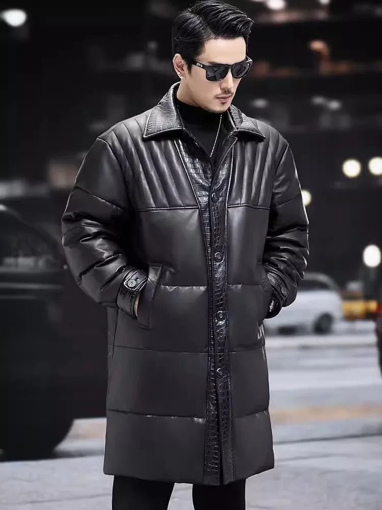 Genuine Leather Down Coat Single Breasted Long