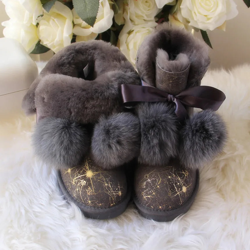 Waterproof Genuine Fur Ball Wool Snow Boots