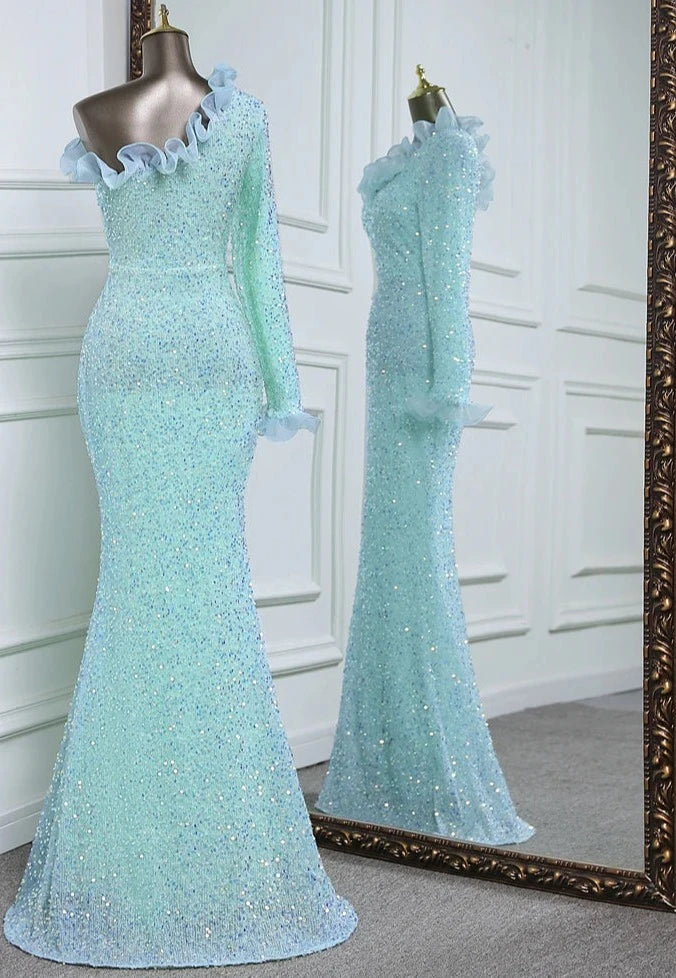 Sequins One Sleeve Lace Floor-Length Dresses