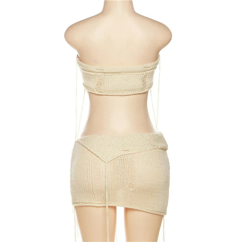 Irregular Knitted Strapless Crop Top & Mini Skirt Sets