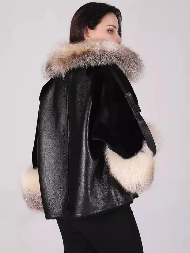 Genuine Leather Shearling Sleeve Real Fur Coats