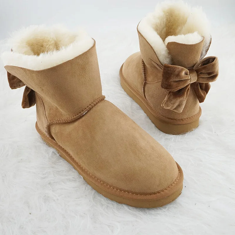 Genuine Leather Snow Boots Velvet Back Bow