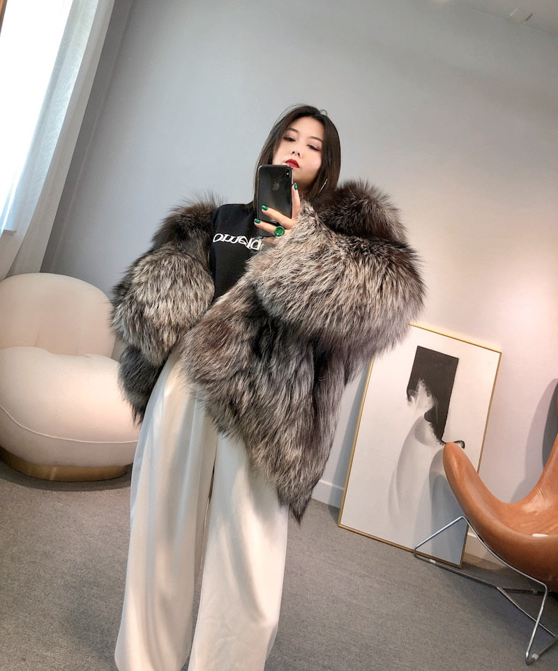 Luxury Dark Silver Real Fur Hooded Coat